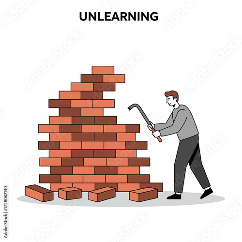 Unlearning Concept Illustration Person Dismantling a Brick Wall to Break Old Habits