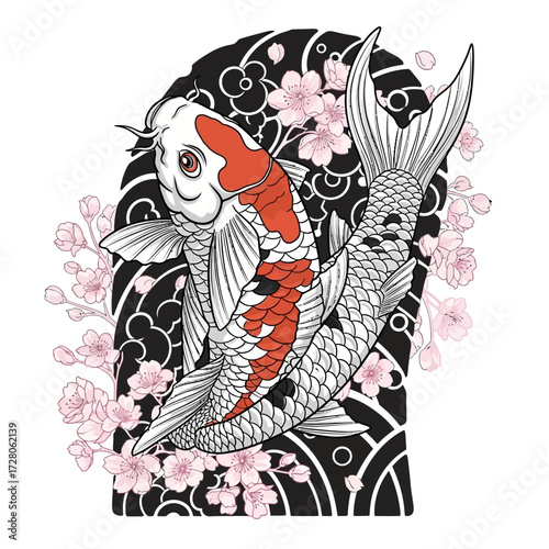 Elegant koi fish illustration with cherry blossoms and japanese traditional pattern