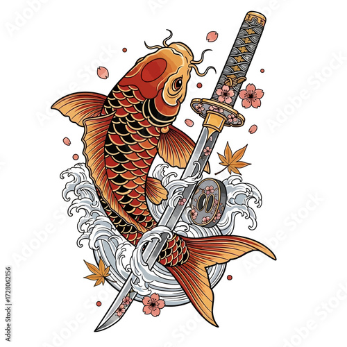 Koi fish and katana illustration embodying japanese culture and traditional arts