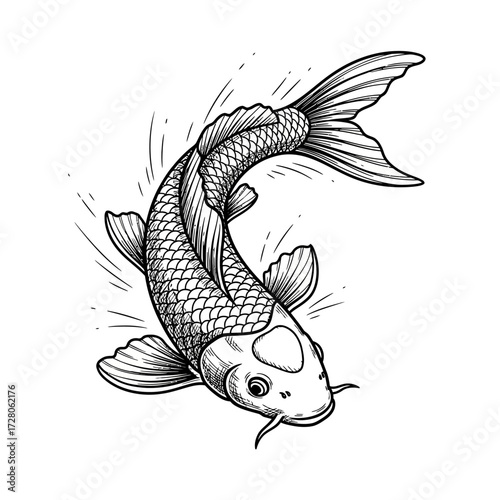 Elegant black and white koi fish illustration, symbolizing perseverance and good fortune with