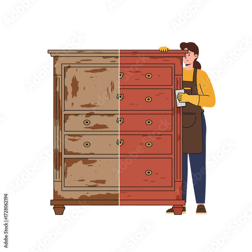 Restoring Furniture Woman refinishing an old dresser