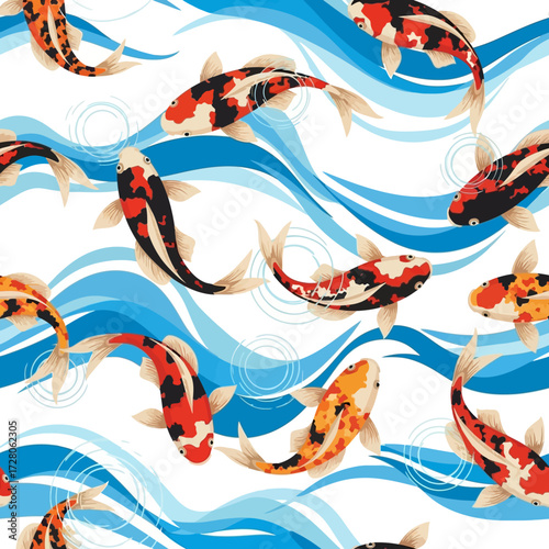 Vibrant koi fish pattern swimming gracefully amidst stylized blue water waves for textiles
