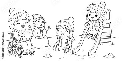 Cute Kids in Wheelchair and Playground Snow Slide