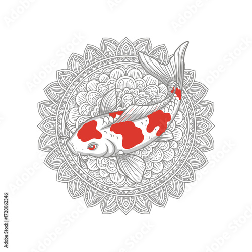 Elegant koi fish illustration with intricate mandala background captures tranquility and beauty