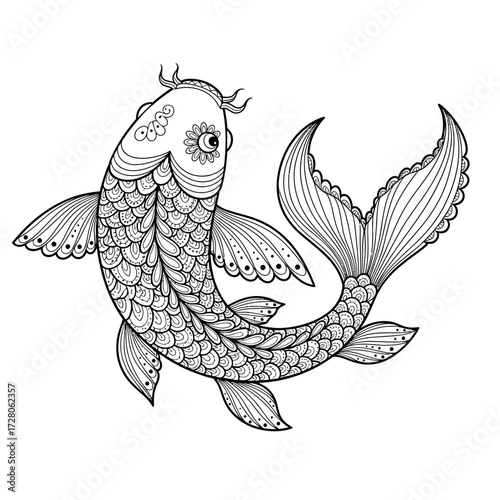 Elegant koi fish illustration in black and white delicate drawing showcasing traditional art