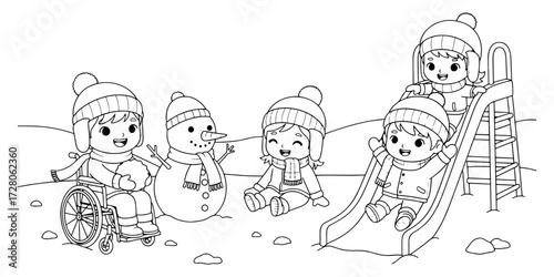 Chibi Style Snowman and Winter Fun Coloring Page