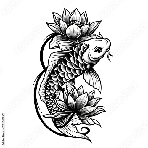 Elegant koi fish tattoo design featuring intricate details and lotus flower blooms