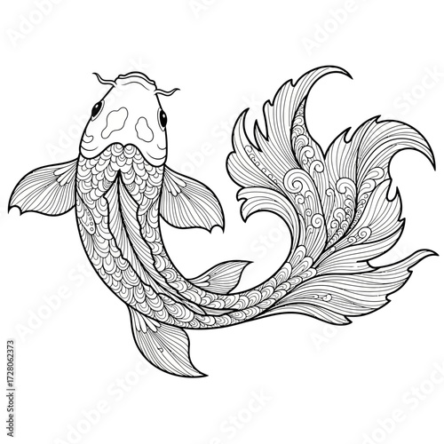 Elegant monochrome illustration of a koi fish with detailed ornamental tail design art