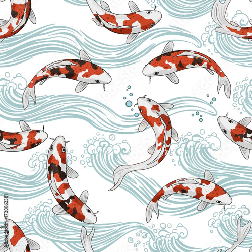 Elegant koi fish pattern with flowing water perfect for textile design and artistic projects
