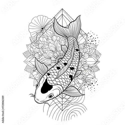 Elegant koi fish illustration with floral and geometric elements in minimalist design