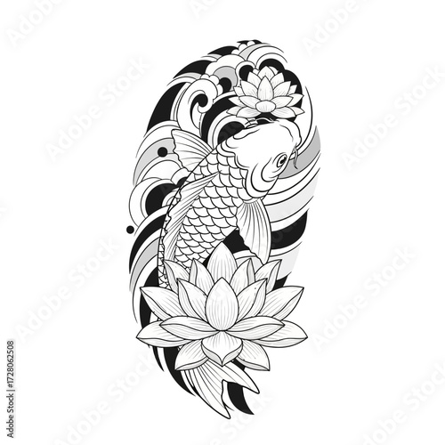 Koi fish tattoo design with lotus flowers and water waves for traditional art style illustration