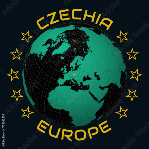 Czechia on Globe. Round country and continent name text. Country view on world map in Black Emerald color palette. Czechia shape on map. Classic vector illustration.
