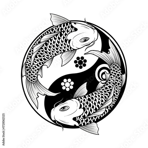 Yin and Yang symbol with two koi fish entwined in harmonious balance creation