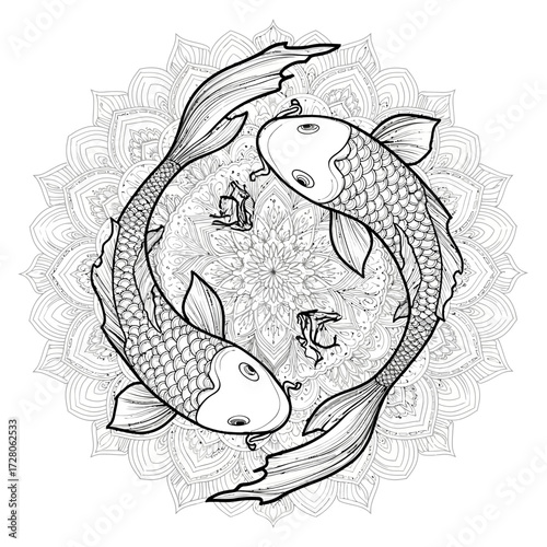 Elegant yin yang koi fish illustration with intricate mandala background creates artistic appeal