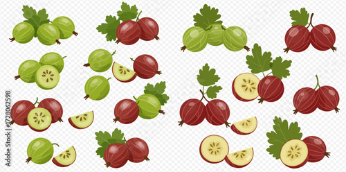 A collection of fresh green and red gooseberries, some whole and some sliced, with leaves.