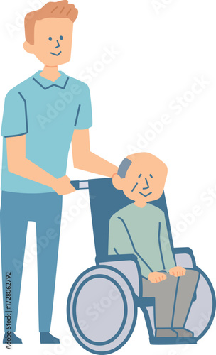 男性の介護士と車椅子のシニアのイラスト