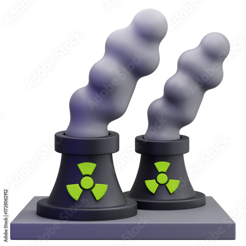 A stylized 3D rendering of a nuclear power facility with cooling towers emitting smoke plumes and radioactive warning signs, isolated icon