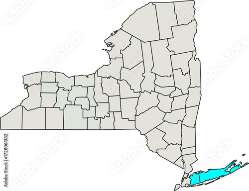 Detailed vector map of New York, USA, highlighting Long Island suburbs for commuter and regional analysis.

