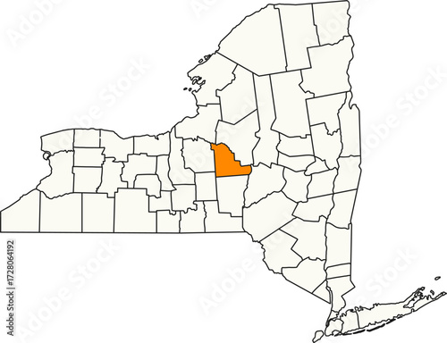 Detailed vector map of New York, USA, highlighting Madison County in the Central New York region.

