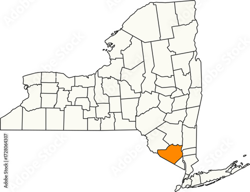 Detailed vector map of New York, USA, highlighting Orange County in the Lower Hudson Valley.

