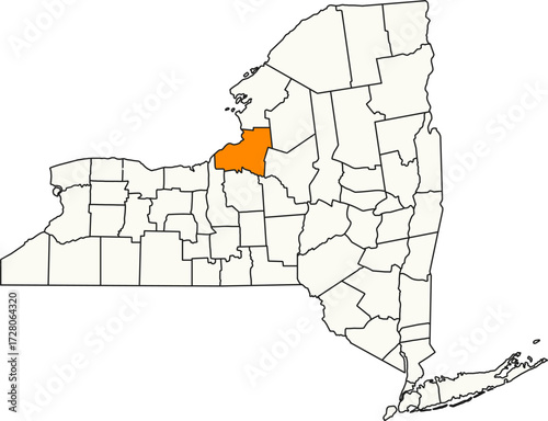 Detailed vector map of New York, USA, highlighting Oswego County on Lake Ontario for regional analysis.

