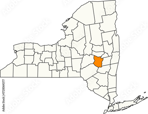 Detailed vector map of New York, USA, highlighting Schoharie County in the Central Upstate region.

