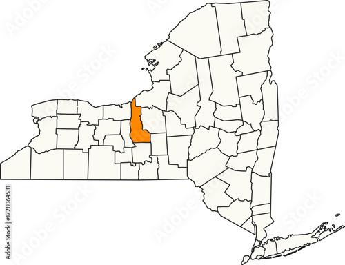 Detailed vector map of New York, USA, highlighting Cayuga County in the Finger Lakes region.

