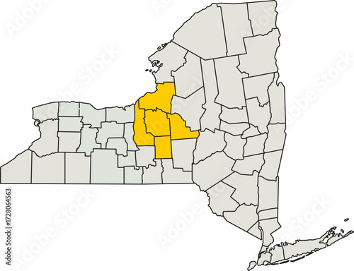 Detailed vector map of New York, USA, highlighting the Central New York region for business analysis.


