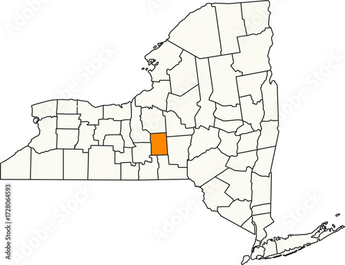 Detailed vector map of New York, USA, highlighting Cortland County in the Central New York region.

