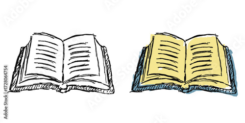 Grunge sketch hand-drawn opened book vector. Adds a raw, edgy feel to education and reading designs. Features a gritty, distressed, and artistic aesthetic.