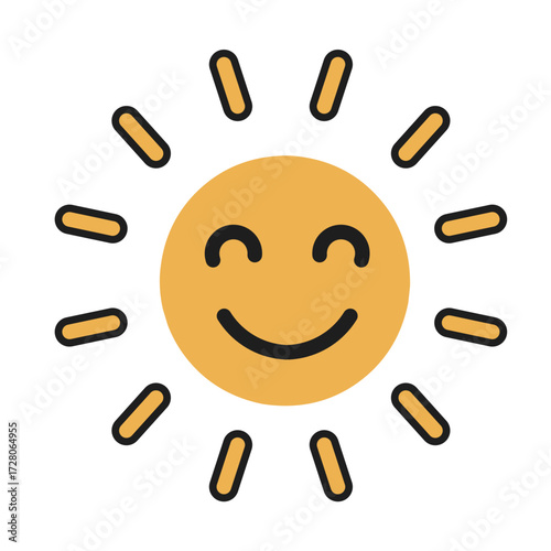 Smiling sun with bright rays flat cartoon cute illustration