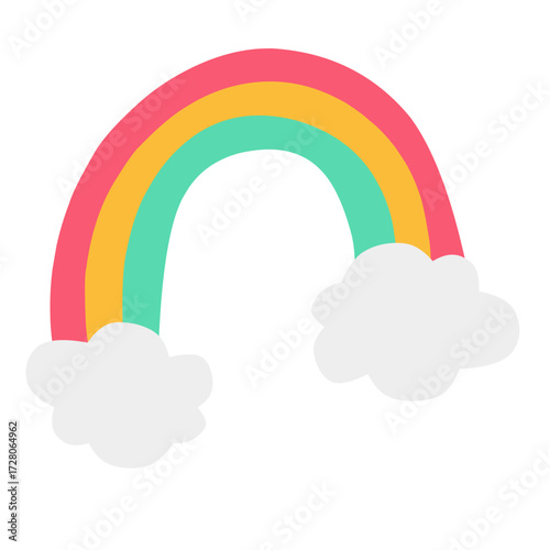 Colorful rainbow with fluffy clouds flat design cute illustration