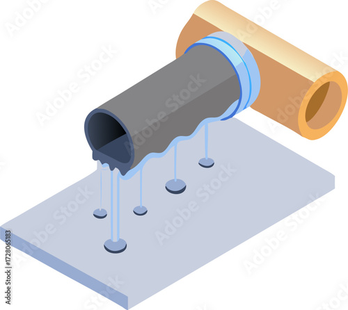 Isometric dripping pipe leak icon with water droplets