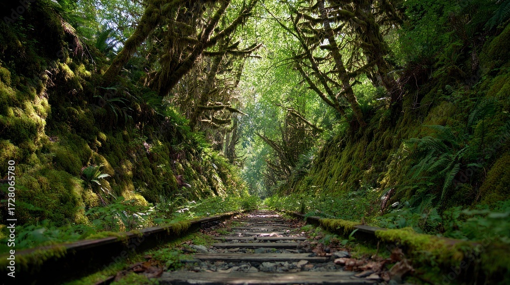 Obraz premium Forest path through train tracks