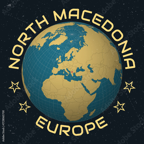 North Macedonia on Globe. Country name round text. Vintage look with grunge scratched texture. Country view on world map in Sky Blue Light Yellow color palette. North Macedonia shape on map.