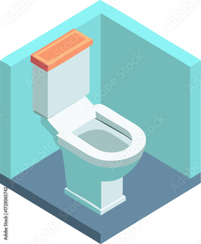Isometric perspective toilet with flush tank illustration