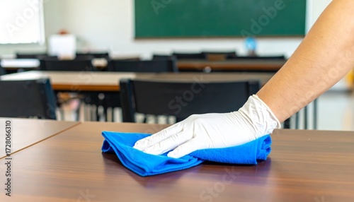 Close-up of a school janitor's gloved hand using a blue cloth to disinfect a table