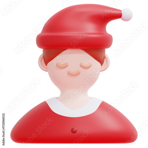 This 3D rendering features a cute character icon of a Christmas elf or Santa's helper. The festive holiday avatar is isolated on a white background