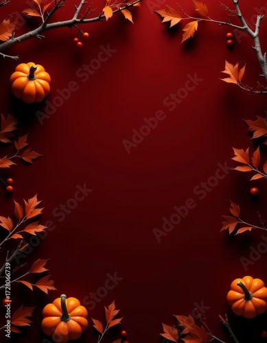 Vertical frame mockup with empty space dark autumn concept for halloween banner luxury style decorations elegant flat lay of old leaves and branches pumpkins and berries dark noble red background bord