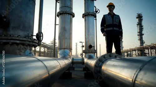 Wallpaper Mural A diligent mechanic performing a technical inspection of industrial pipelines, set against a backdrop of refinery infrastructure with cinematic lighting, emphasizing the metallic textures and Torontodigital.ca