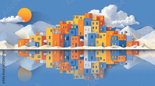 Vibrant geometric town with mountain landscape and mirror reflection for travel branding, website hero banner, video background

