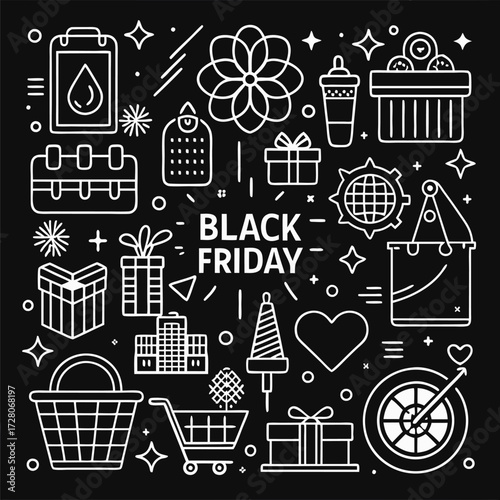 Black friday sale with shopping cart gift box laptop