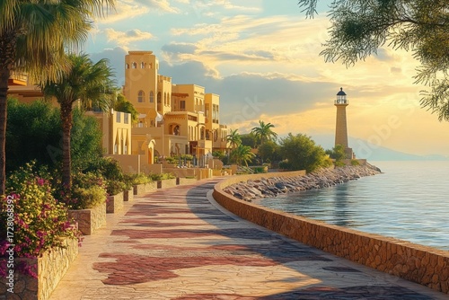 Coastal walkway lined with palm trees, vibrant flowers, and Mediterranean-style buildings under a golden sunset with a stone lighthouse overlooking calm sea waters