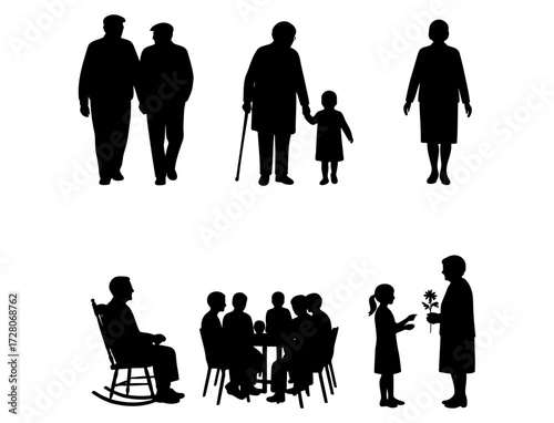 Silhouettes of people of different ages and genders interacting in various social settings and activities