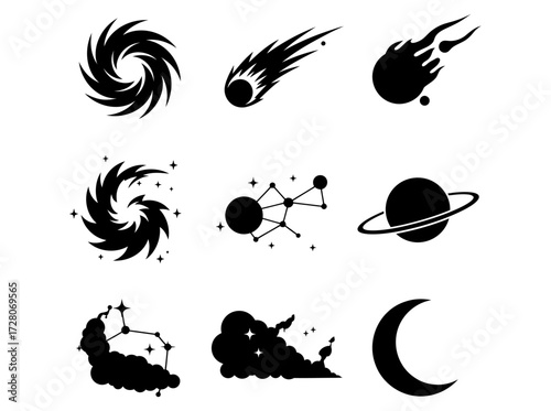 Stunning set of cosmic elements and astronomical symbols swirling galaxies, comets, planets, and moon silhouettes