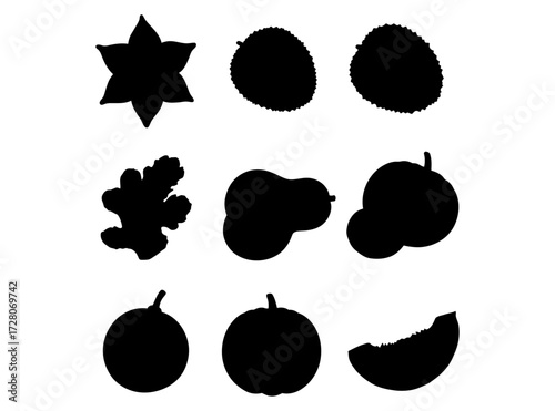 Diverse Silhouettes Of Various Fruits And Natural Objects On A White Background