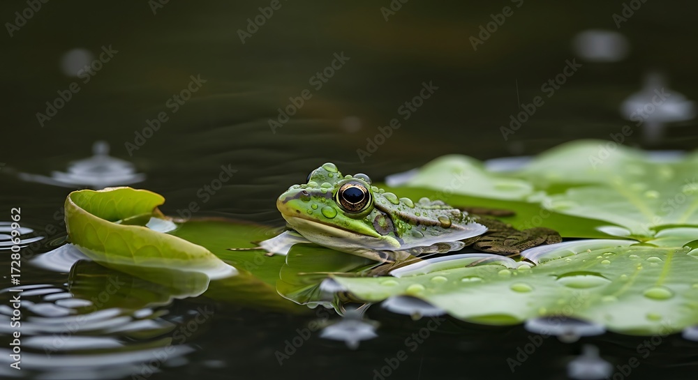 Obraz premium Green Frog on a Floating Lily Leaf