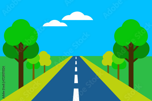 Bright sunny day with a straight road lined by trees and clouds
