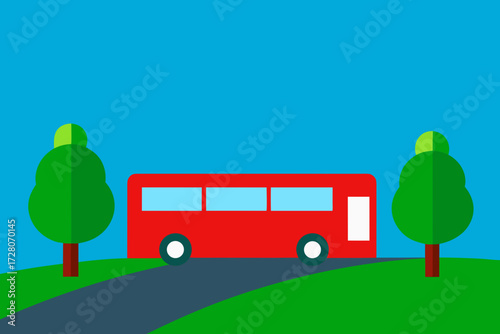 Red bus driving on a road between green trees and blue sky