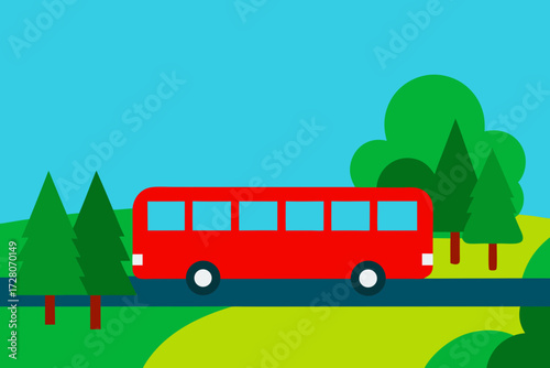 Red double decker bus driving on a road through a green landscape